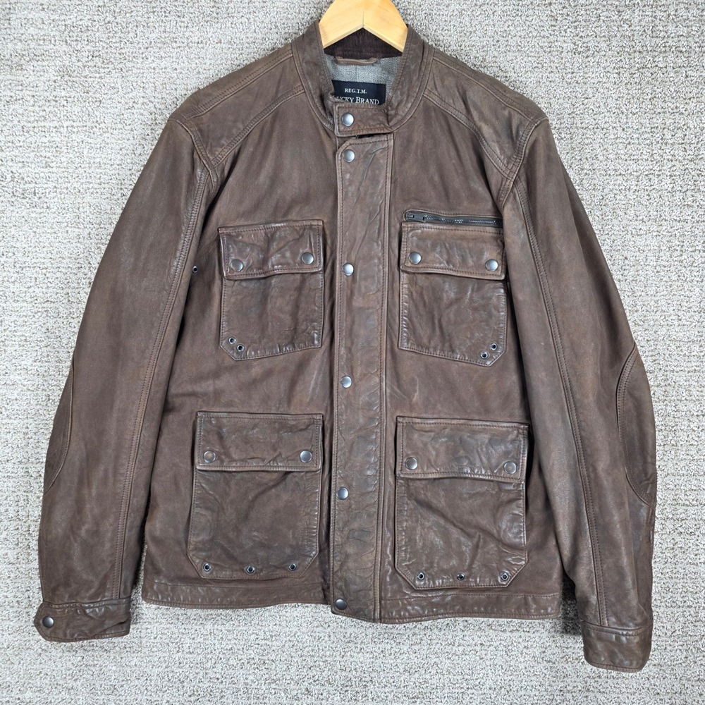 Lucky Brand Handcrafted Mens Brown Cow Leather Field Jacket Size L Moto Utility
